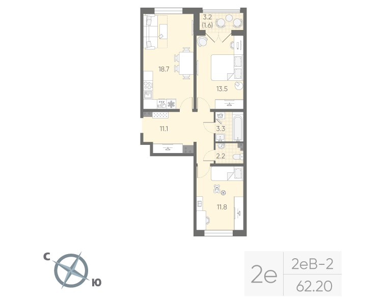 2-комнатная квартира, 62.2 м² в ЖК "Пулково Lake" - планировка, фото №1