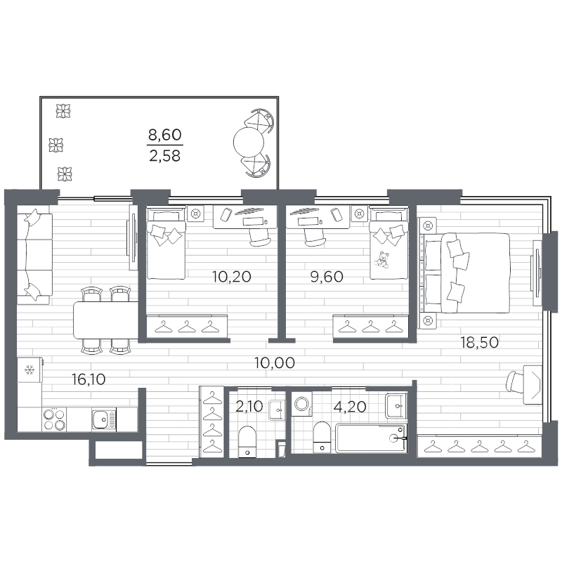 4-комнатная (Евро) квартира, 73.28 м² - планировка, фото №1