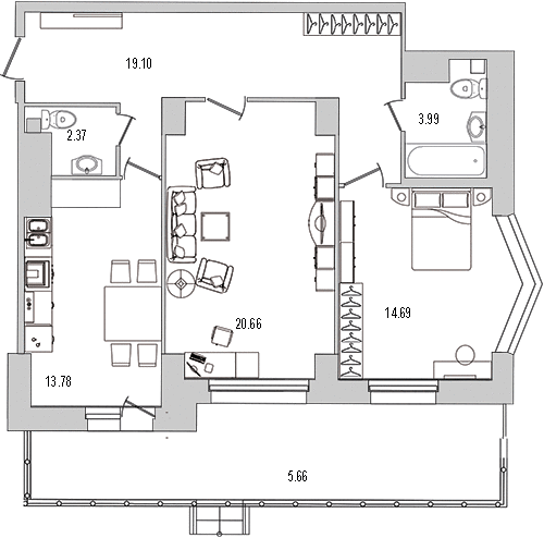 2-комнатная квартира, 79.2 м² - планировка, фото №1
