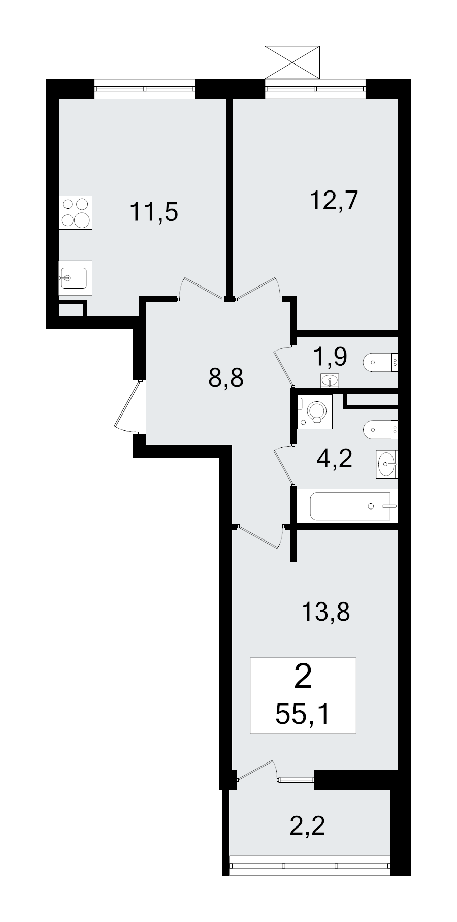 2-комнатная квартира, 55.1 м² - планировка, фото №1