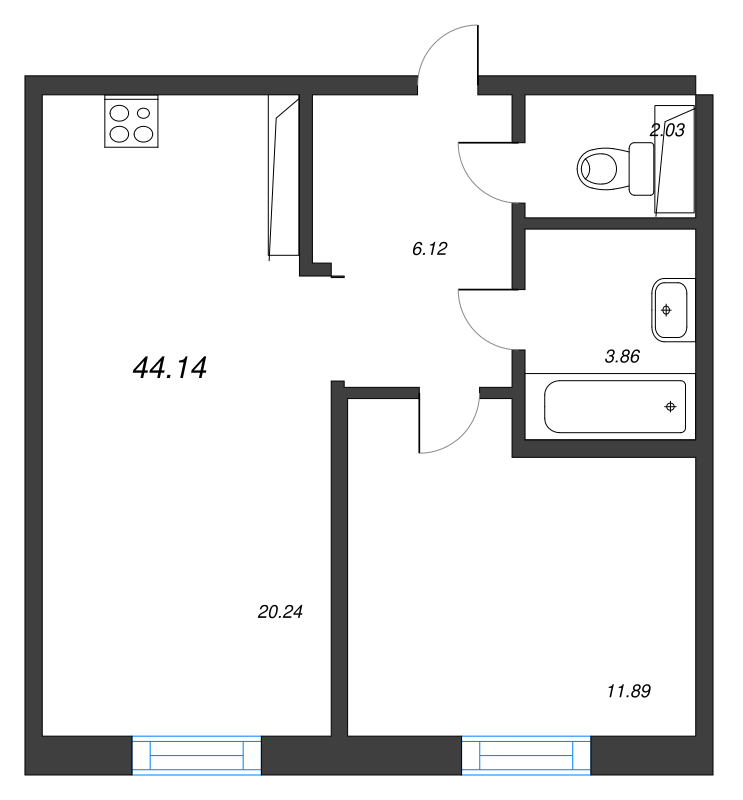 2-комнатная (Евро) квартира, 44.14 м² - планировка, фото №1
