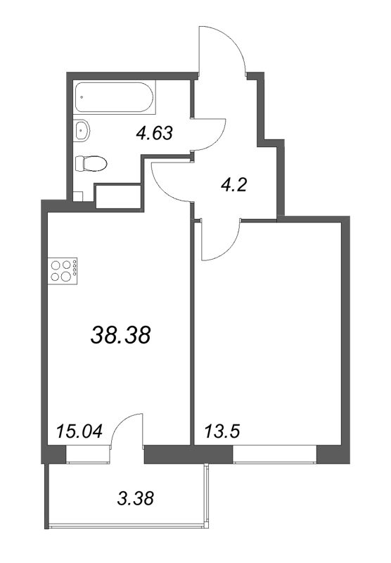 2-комнатная (Евро) квартира, 38.38 м² в ЖК "Аквилон Янино" - планировка, фото №1