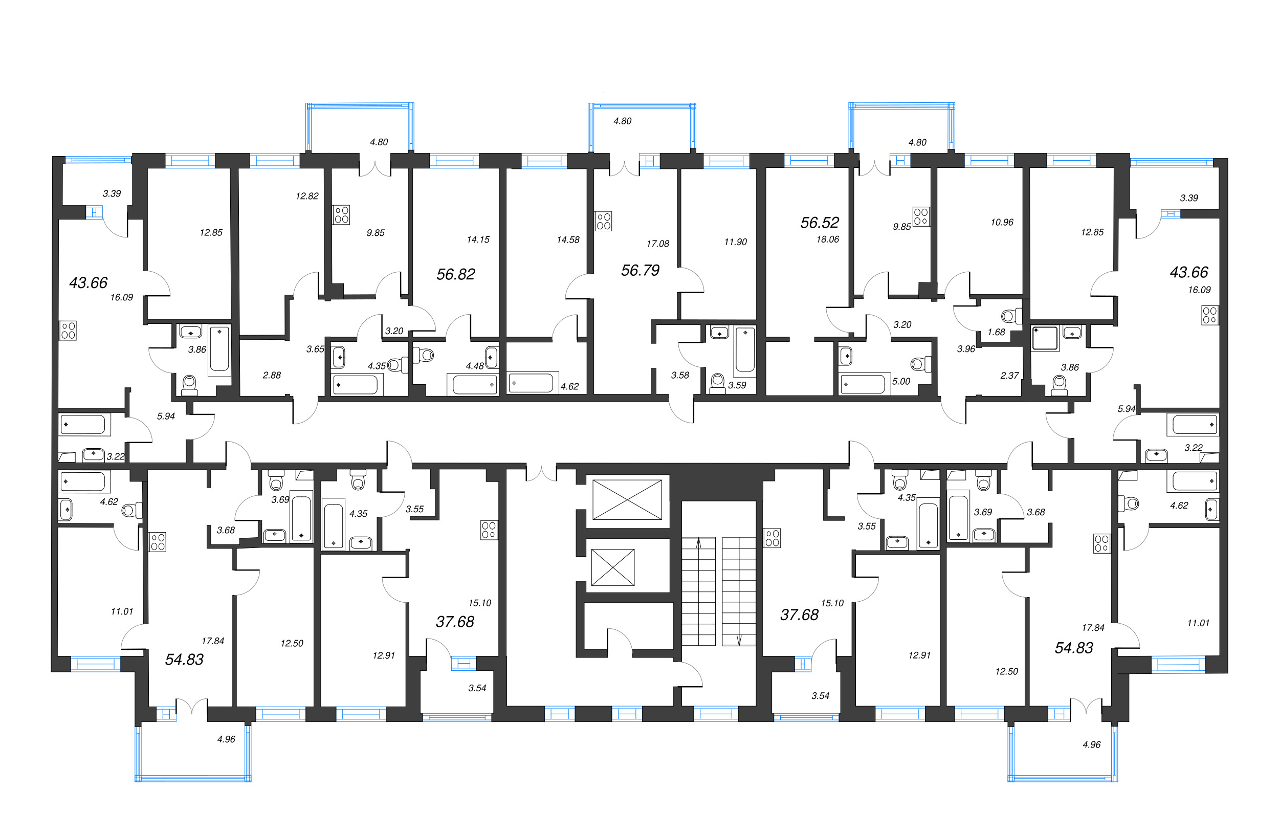 3-комнатная (Евро) квартира, 54.83 м² в ЖК "Тишин" - планировка этажа