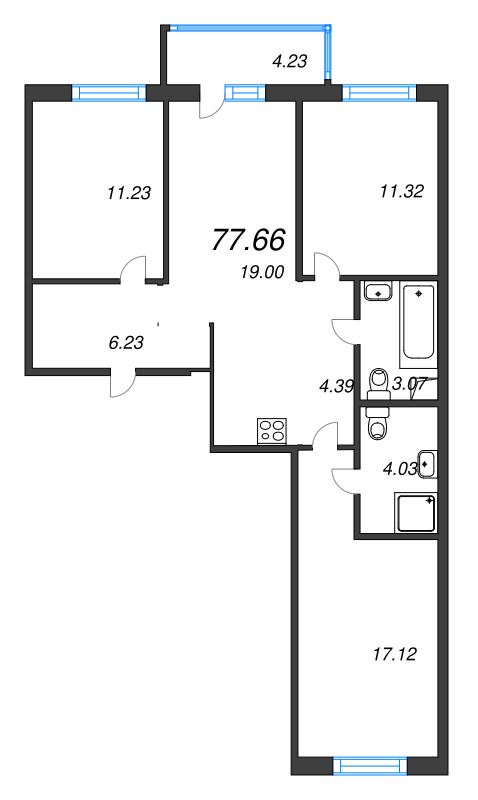 4-комнатная (Евро) квартира, 77.66 м² в ЖК "Окла" - планировка, фото №1