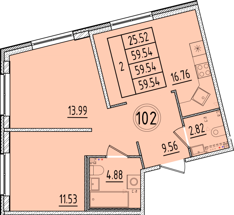 3-комнатная (Евро) квартира, 59.54 м² - планировка, фото №1