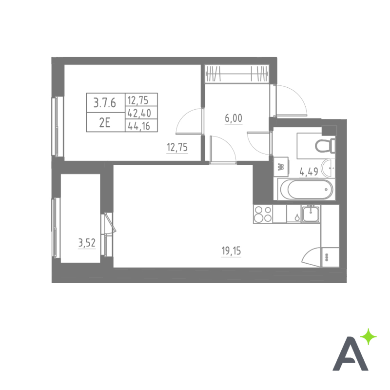 2-комнатная (Евро) квартира, 44.16 м² в ЖК "Аквилон Solar" - планировка, фото №1