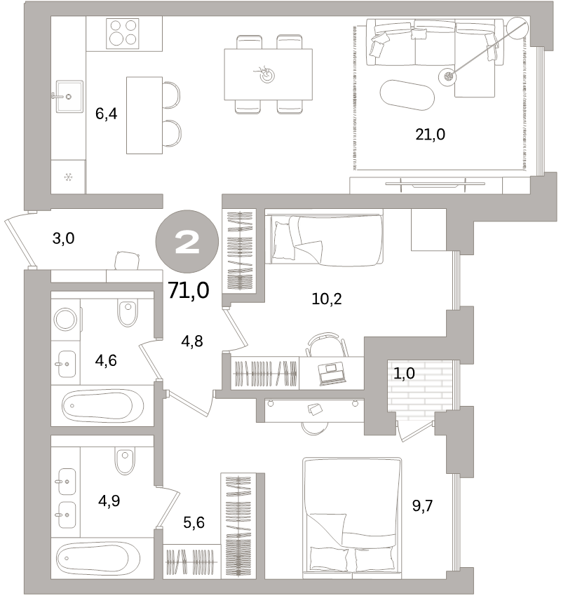 3-комнатная (Евро) квартира, 71 м² - планировка, фото №1