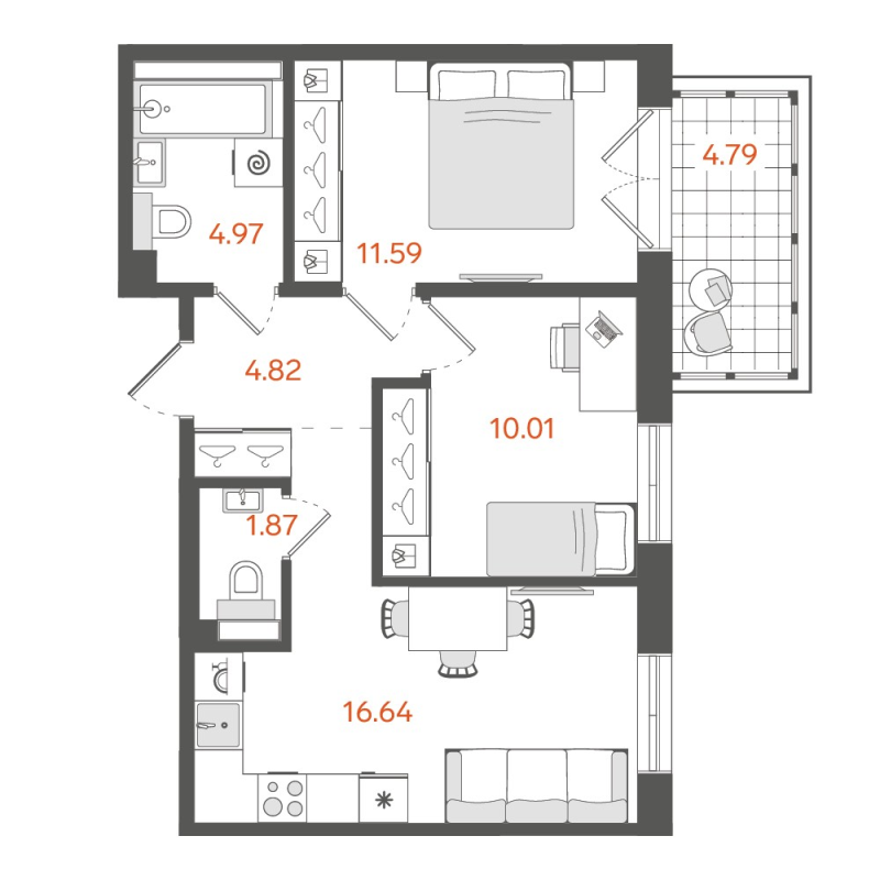 3-комнатная (Евро) квартира, 51.2 м² в ЖК "STAVNI Обводный" - планировка, фото №1