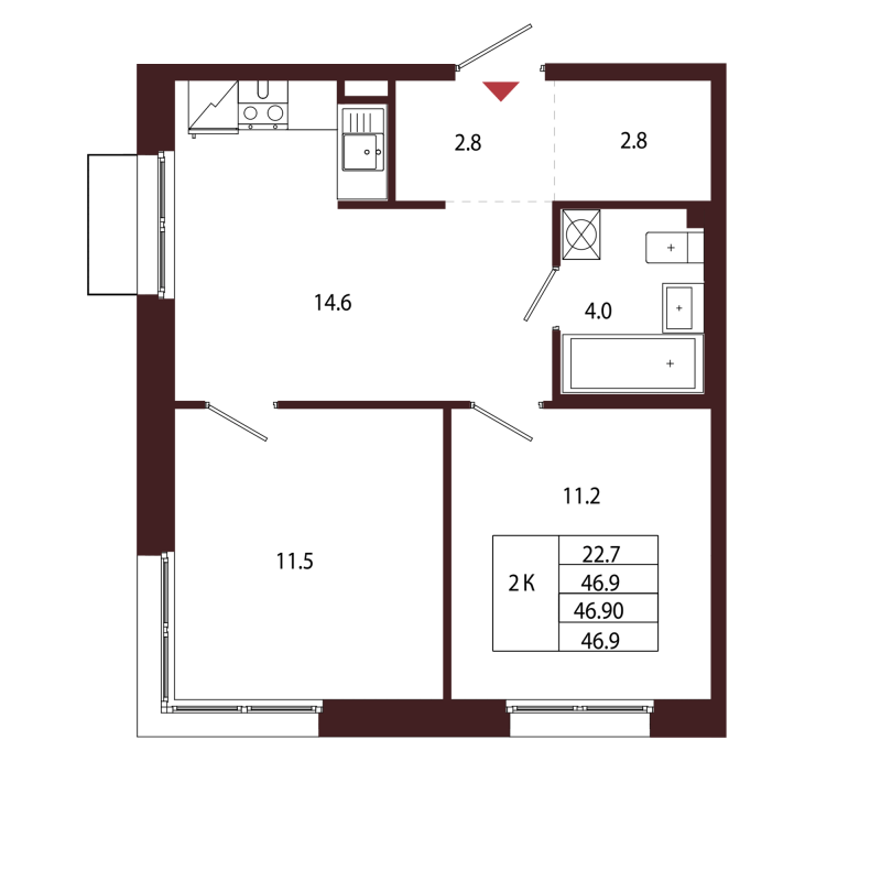2-комнатная квартира, 46.9 м² в ЖК "Лисино" - планировка, фото №1