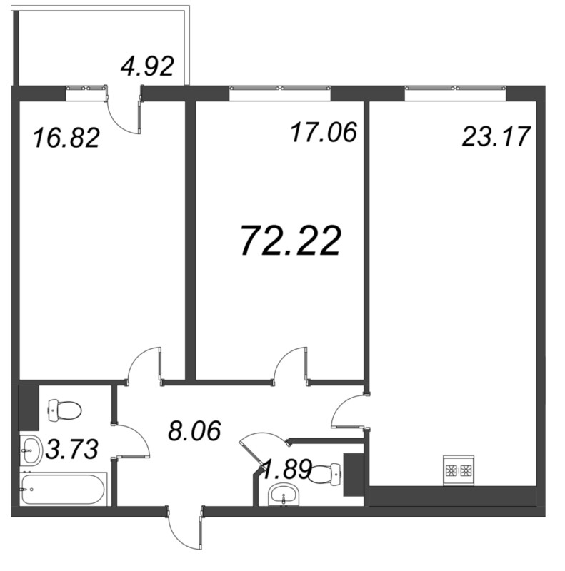 3-комнатная (Евро) квартира, 72.22 м² в ЖК "Bereg. Курортный" - планировка, фото №1