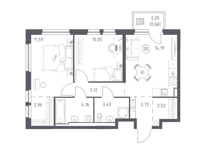 2-комнатная квартира, 55.46 м² в ЖК "Невская Долина" - планировка, фото №1