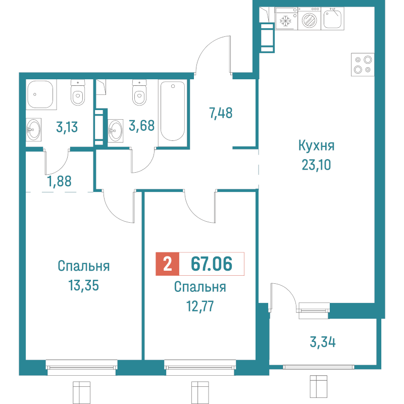 3-комнатная (Евро) квартира, 67.06 м² в ЖК "Графика" - планировка, фото №1