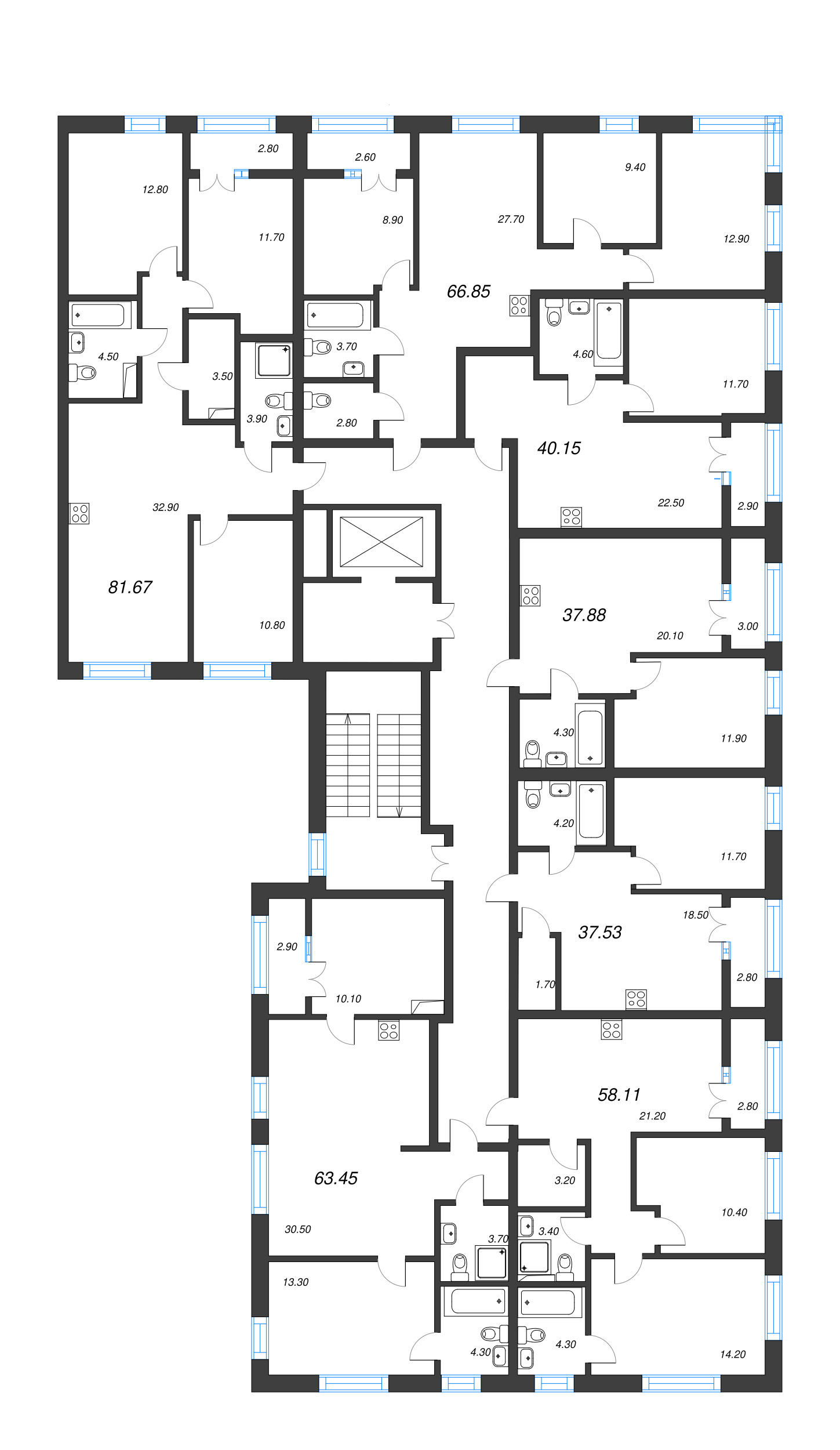 3-комнатная квартира, 66.85 м² - планировка этажа