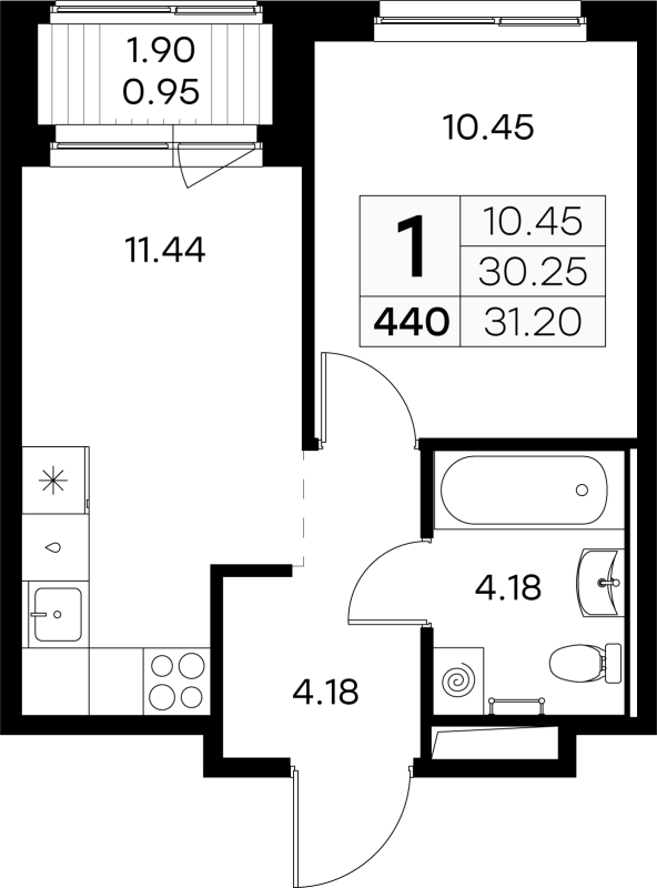 1-комнатная квартира, 31.2 м² - планировка, фото №1