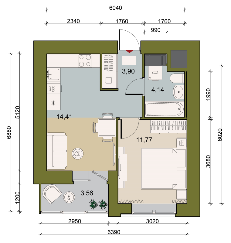 1-комнатная квартира, 35.13 м² в ЖК "Уютный" - планировка, фото №1