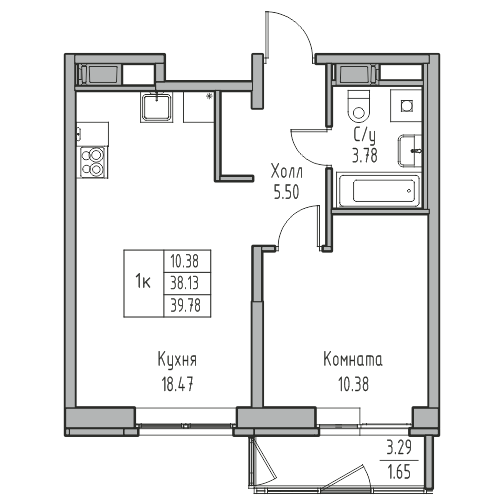2-комнатная (Евро) квартира, 39.78 м² в ЖК "Юнтолово" - планировка, фото №1