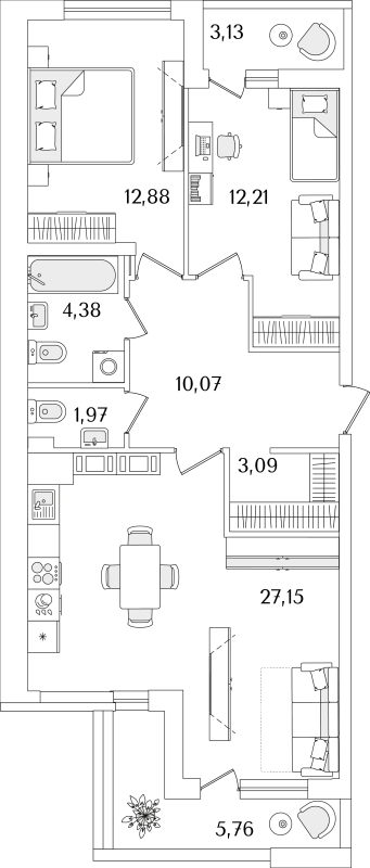 3-комнатная (Евро) квартира, 76.2 м² - планировка, фото №1