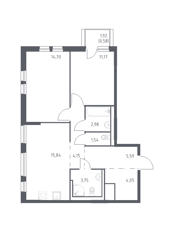 3-комнатная (Евро) квартира, 64.35 м² в ЖК "Невская Долина" - планировка, фото №1