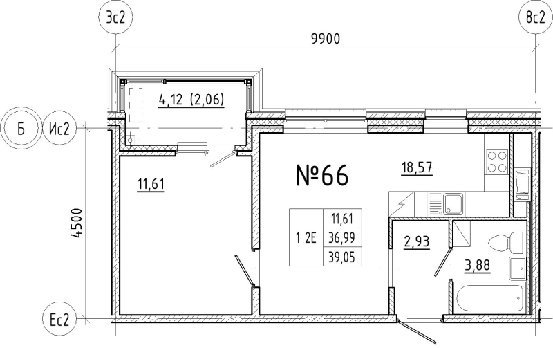 2-комнатная (Евро) квартира, 39.05 м² в ЖК "N8" - планировка, фото №1