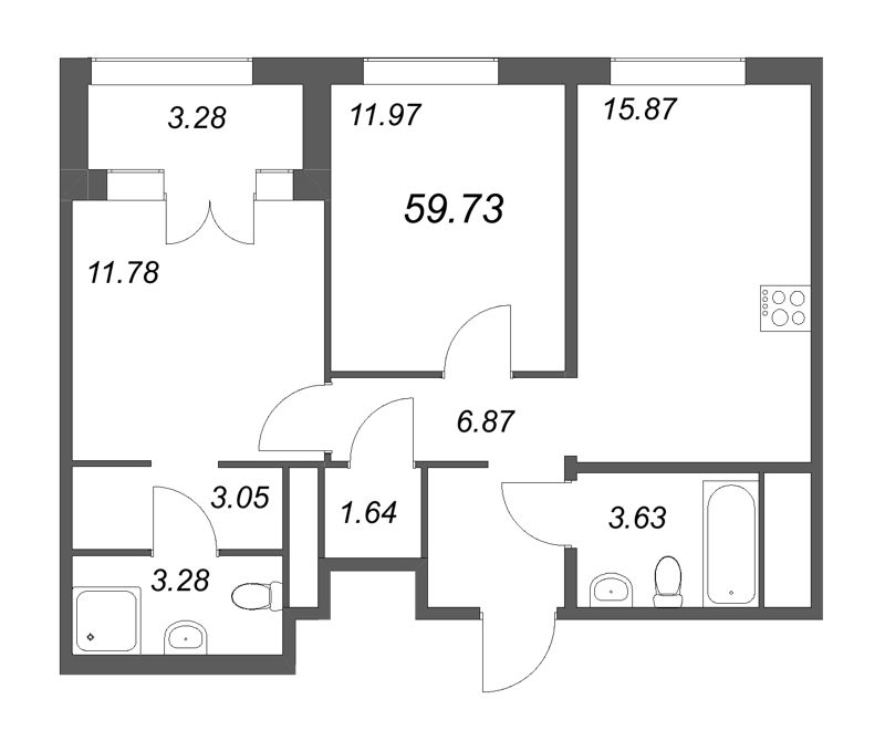 3-комнатная (Евро) квартира, 59.73 м² - планировка, фото №1