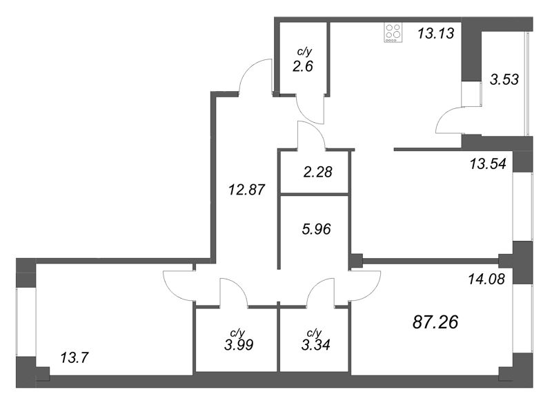3-комнатная квартира, 87.26 м² в ЖК "Уютный" - планировка, фото №1