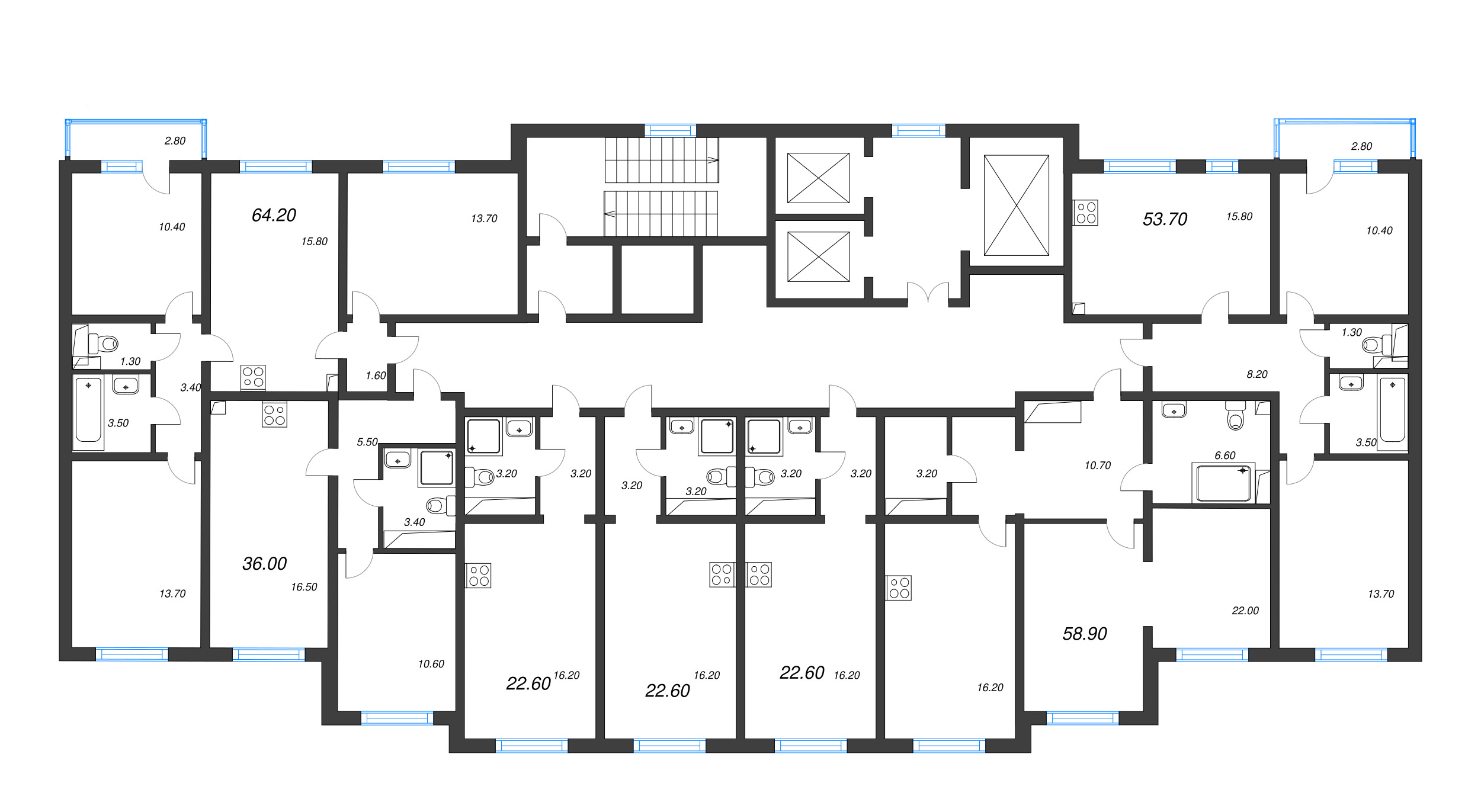 3-комнатная (Евро) квартира, 64.2 м² в ЖК "Ручьи" - планировка этажа