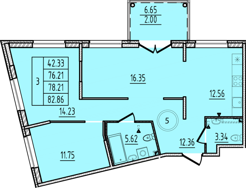 3-комнатная (Евро) квартира, 76.21 м² - планировка, фото №1