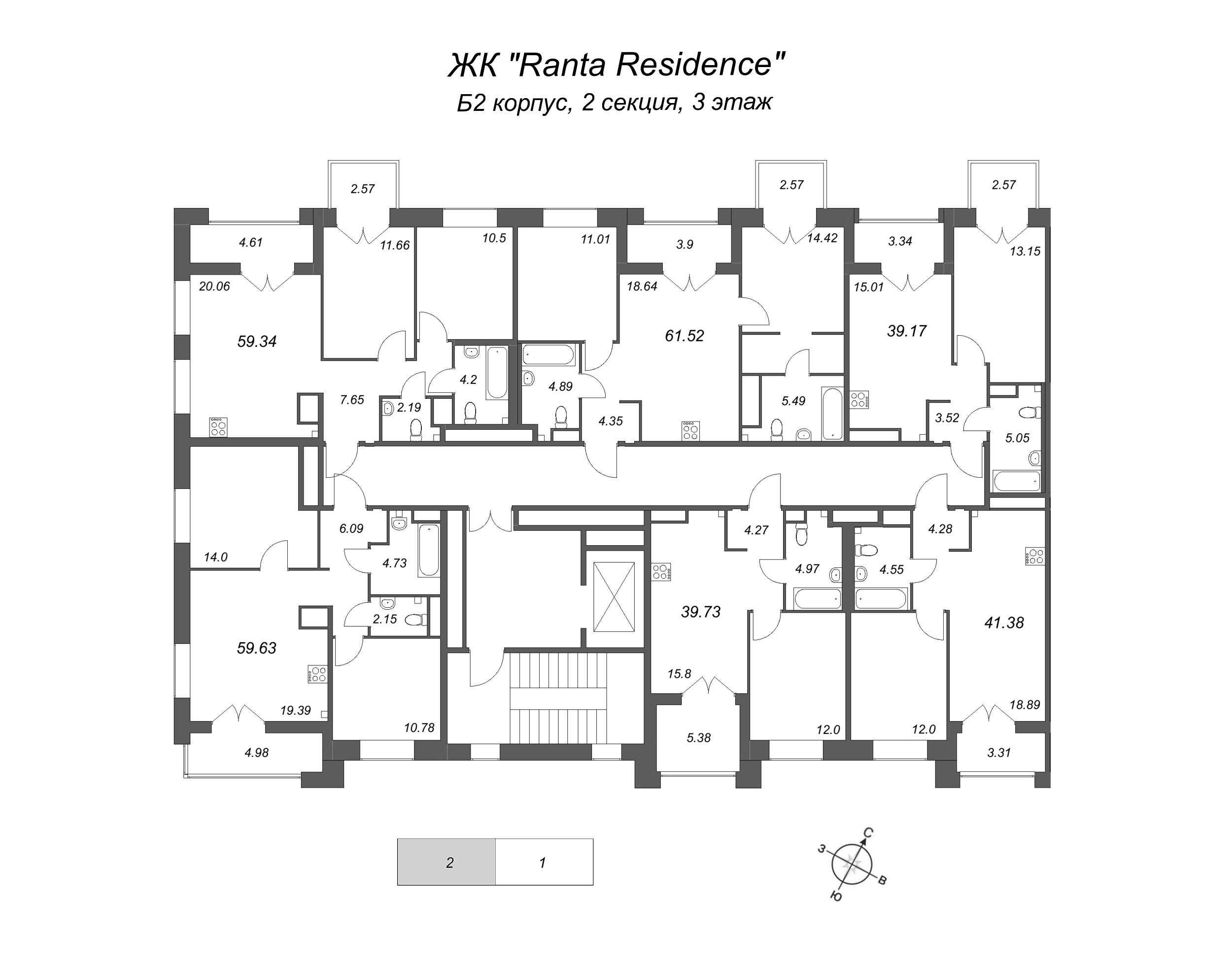 2-комнатная (Евро) квартира, 39.17 м² - планировка этажа