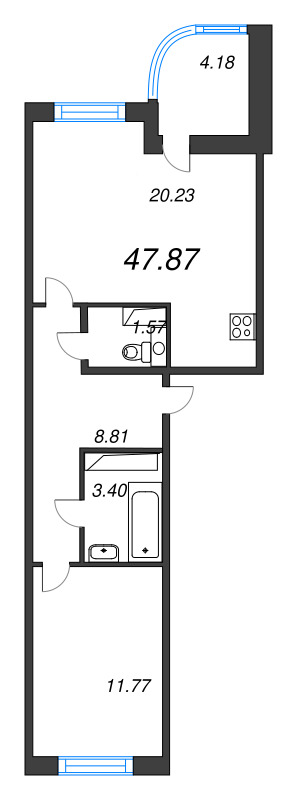 2-комнатная (Евро) квартира, 47.87 м² - планировка, фото №1