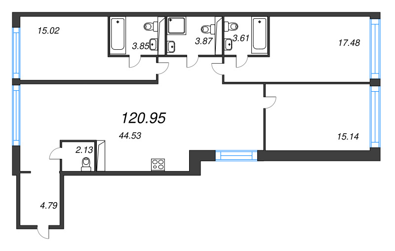 4-комнатная (Евро) квартира, 120.95 м² в ЖК "Avant" - планировка, фото №1