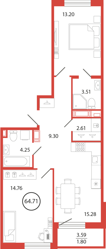 3-комнатная (Евро) квартира, 64.71 м² в ЖК "Энфилд" - планировка, фото №1