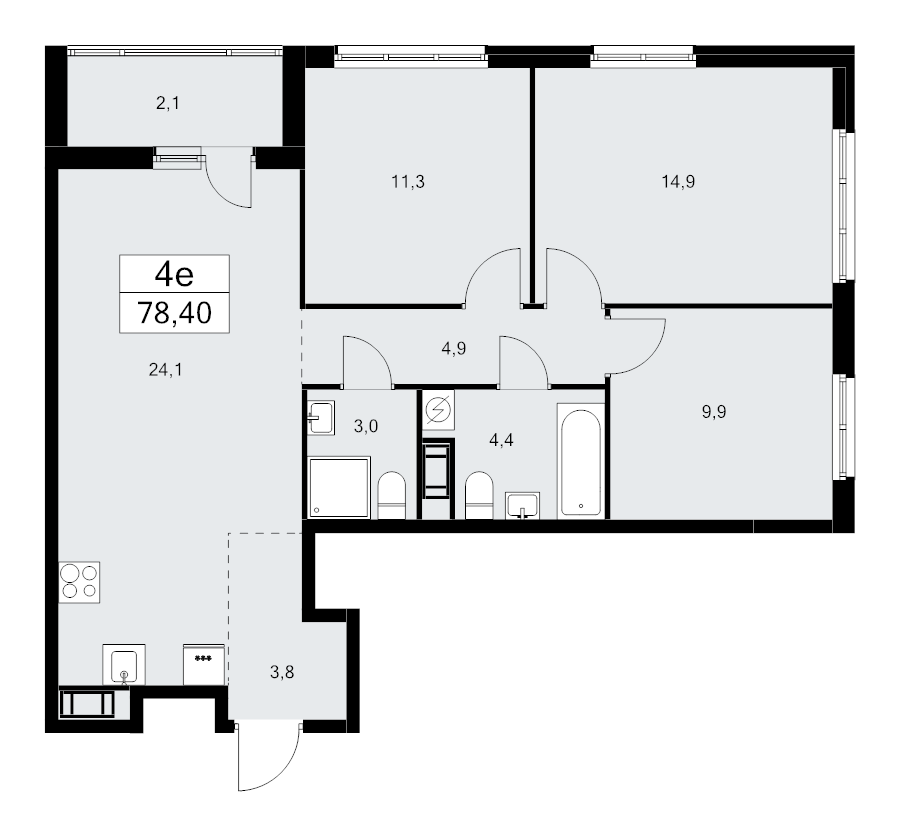 4-комнатная (Евро) квартира, 78.4 м² - планировка, фото №1
