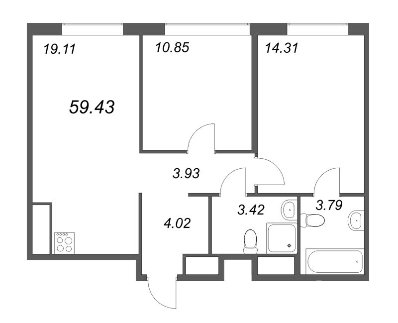 3-комнатная (Евро) квартира, 59.43 м² в ЖК "GloraX Василеостровский" - планировка, фото №1