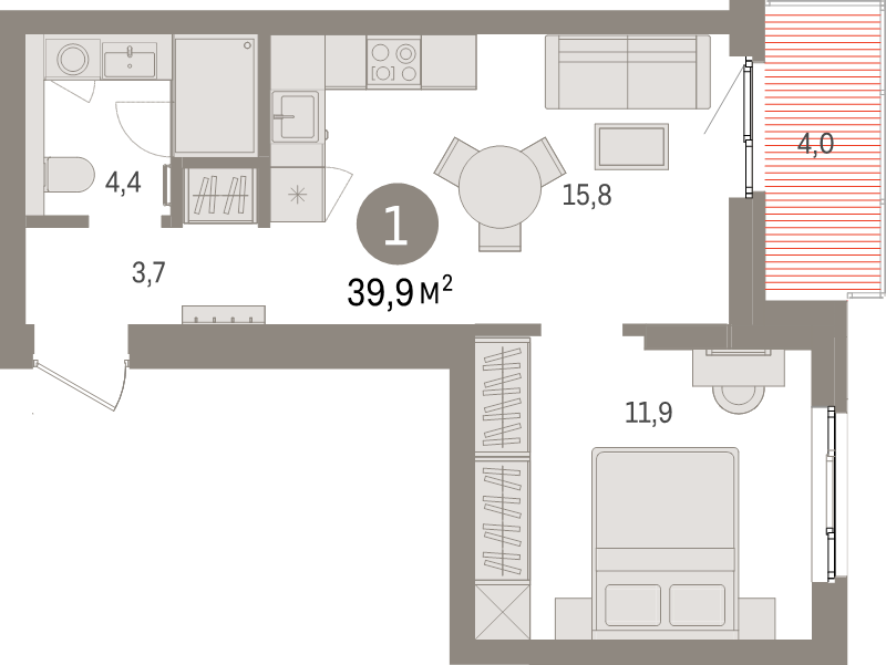 2-комнатная (Евро) квартира, 39.9 м² - планировка, фото №1