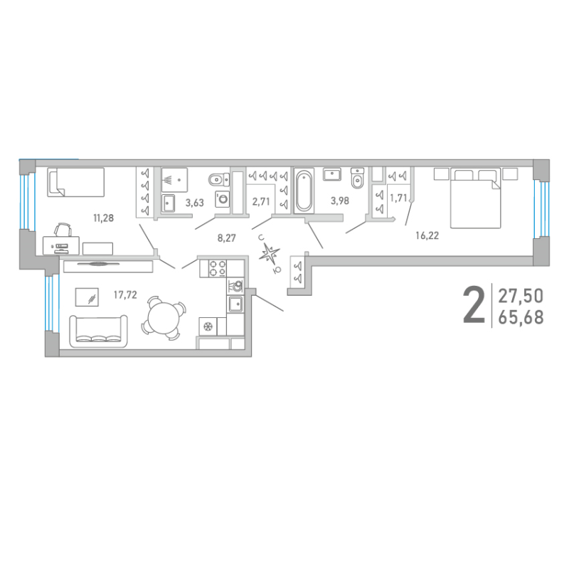 3-комнатная (Евро) квартира, 65.68 м² в ЖК "Министр" - планировка, фото №1