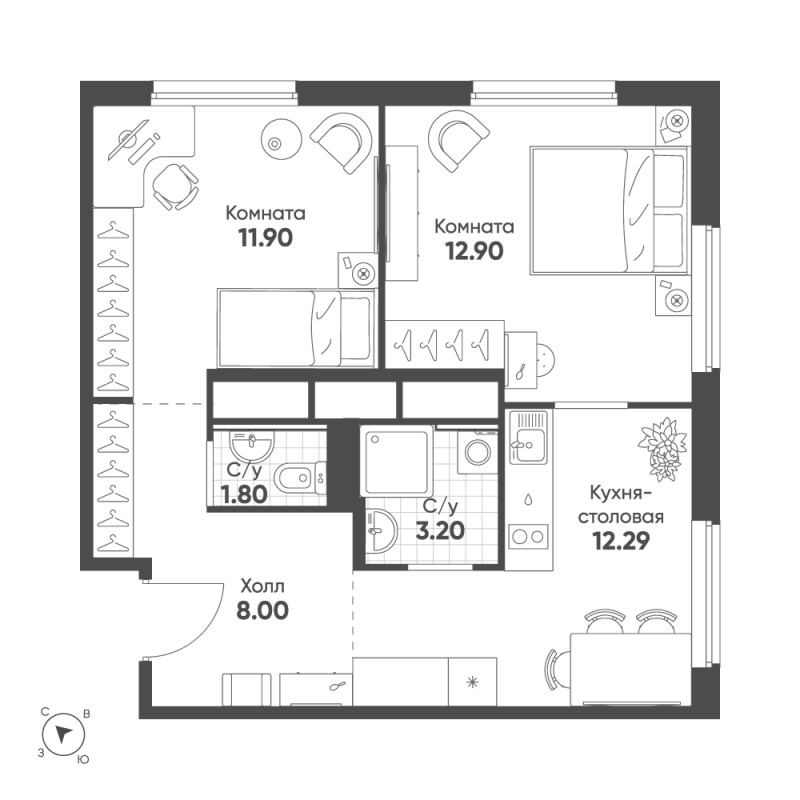 2-комнатная квартира, 50.09 м² в ЖК "Авеню-Апарт Пулково" - планировка, фото №1