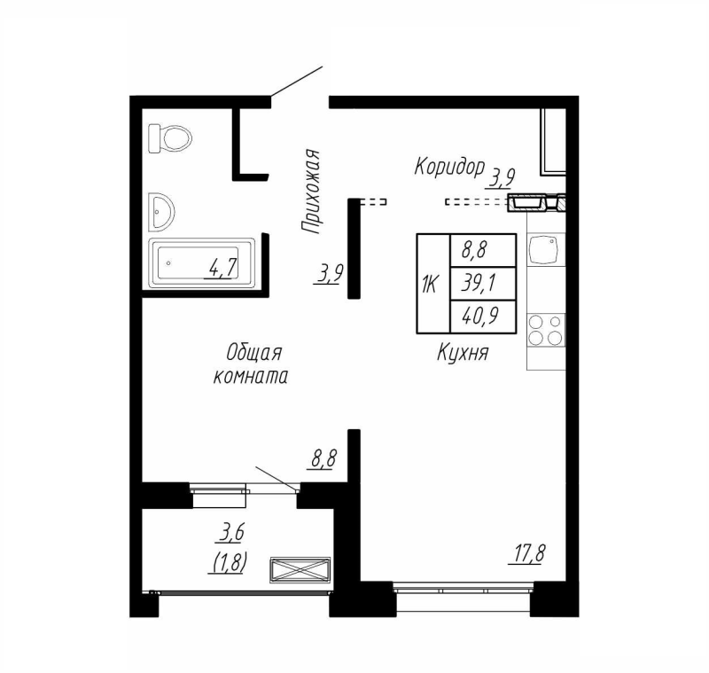 2-комнатная (Евро) квартира, 40.9 м² - планировка, фото №1