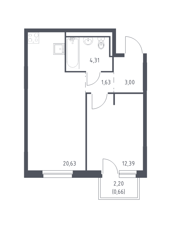 2-комнатная (Евро) квартира, 42.62 м² в ЖК "Невская Долина" - планировка, фото №1
