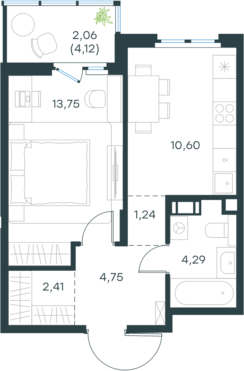 1-комнатная квартира, 38.8 м² в ЖК "Левел Мечникова" - планировка, фото №1