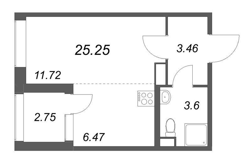 Квартира-студия, 25.25 м² в ЖК "Дубровский" - планировка, фото №1
