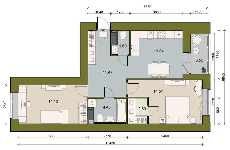 2-комнатная квартира, 65.5 м² в ЖК "Уютный" - планировка, фото №1
