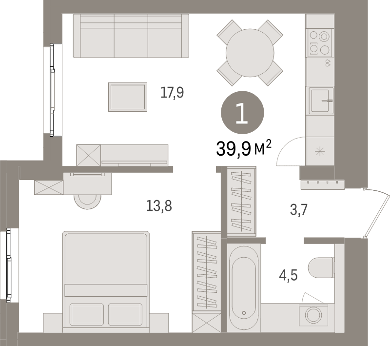 2-комнатная (Евро) квартира, 39.9 м² в ЖК "Брусника в Новоселье" - планировка, фото №1