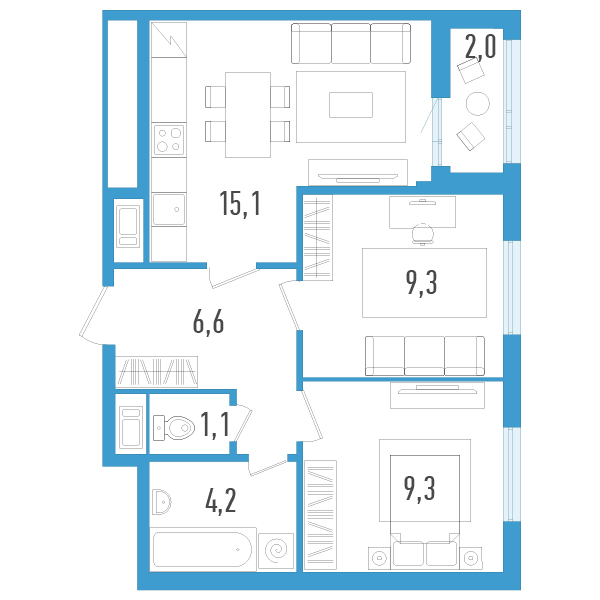 2-комнатная квартира, 46.6 м² в ЖК "AEROCITY" - планировка, фото №1