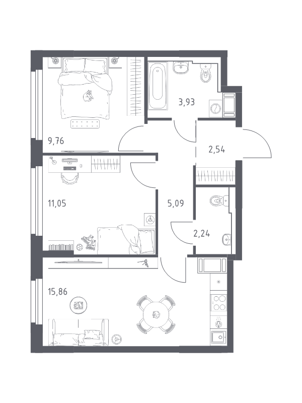 3-комнатная (Евро) квартира, 50.47 м² в ЖК "Новое Колпино" - планировка, фото №1