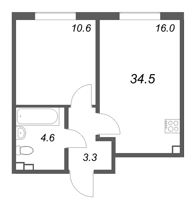 2-комнатная (Евро) квартира, 34.5 м² в ЖК "Пулково Lake" - планировка, фото №1