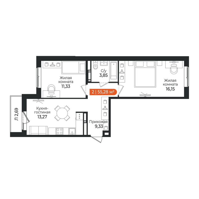 2-комнатная квартира, 55.28 м² в ЖК "Алгоритм Квинта" - планировка, фото №1