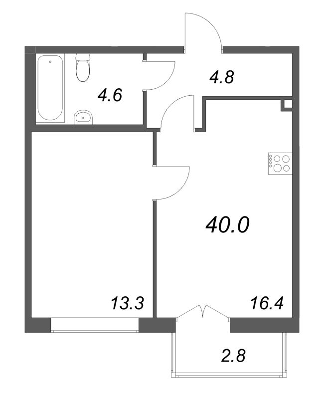 2-комнатная (Евро) квартира, 40 м² в ЖК "Кронунг ЮГ" - планировка, фото №1