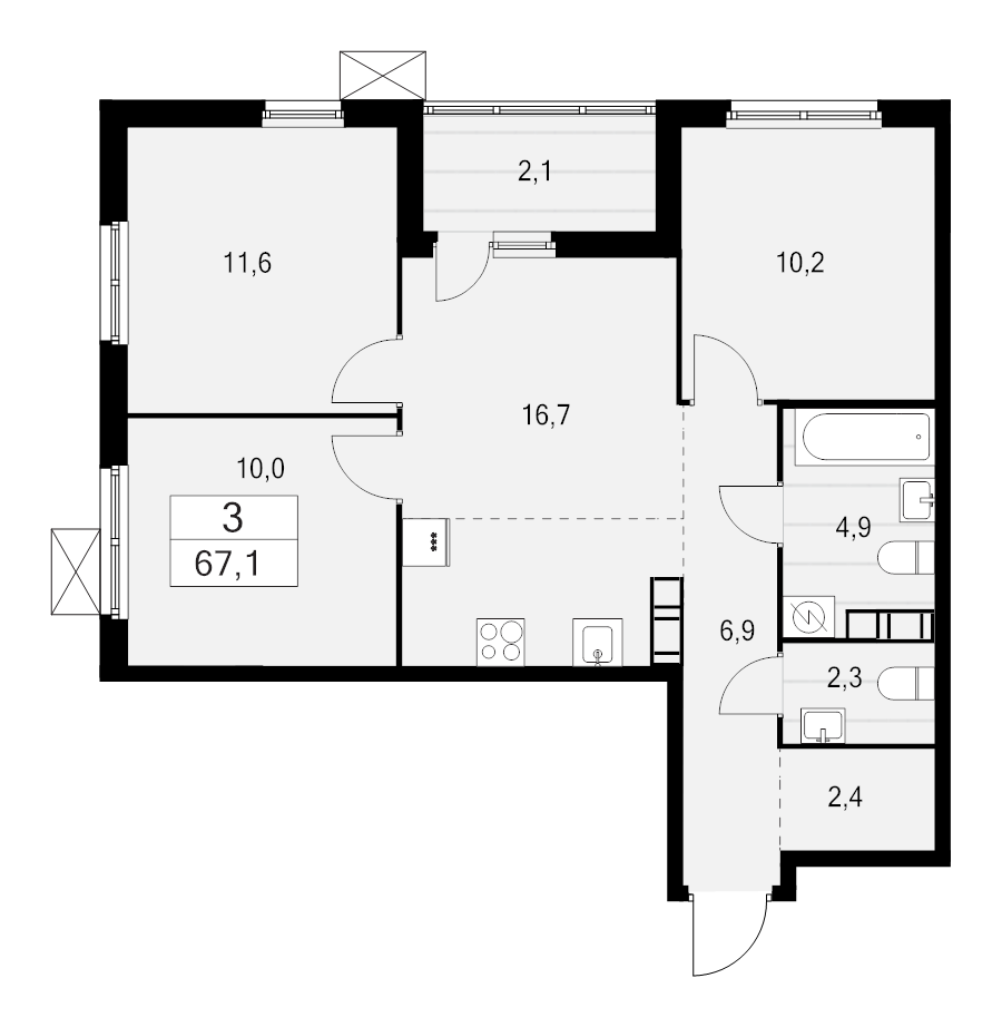 4-комнатная (Евро) квартира, 67.1 м² - планировка, фото №1