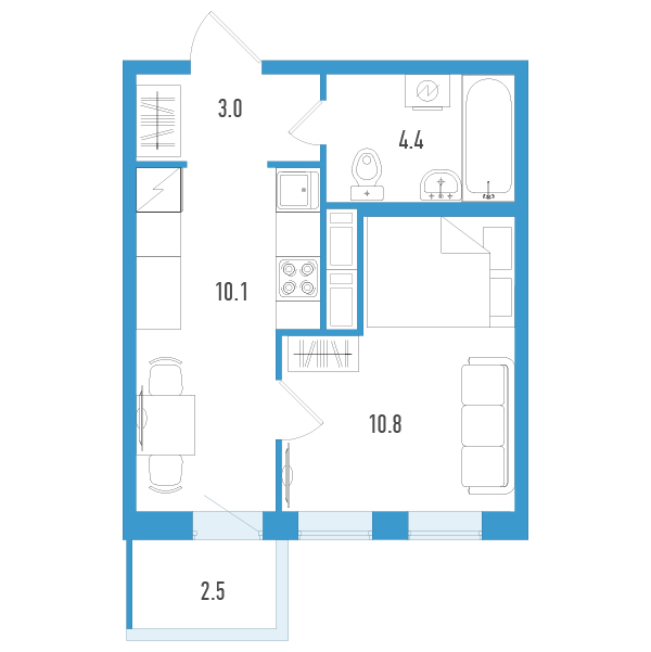 1-комнатная квартира, 29.1 м² - планировка, фото №1