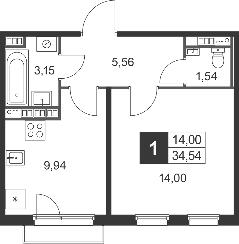 1-комнатная квартира, 34.54 м² в ЖК "Слобода" - планировка, фото №1